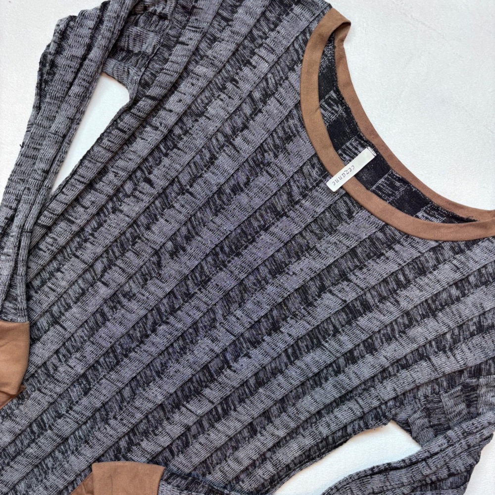 Cezanne Striped Knit Tunic Dress with Pockets Brown Trim Long Sleeve Medium‎